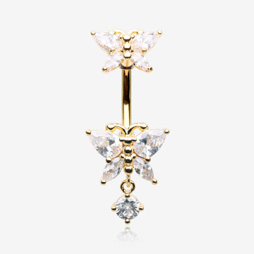 Golden Glistening Butterfly Sparkle Duo Dangle Belly Button Ring-Clear Gem